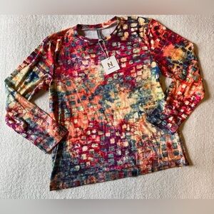NWT vibrant impressionist block print long sleeve tee, red orange Noracora, Sz S